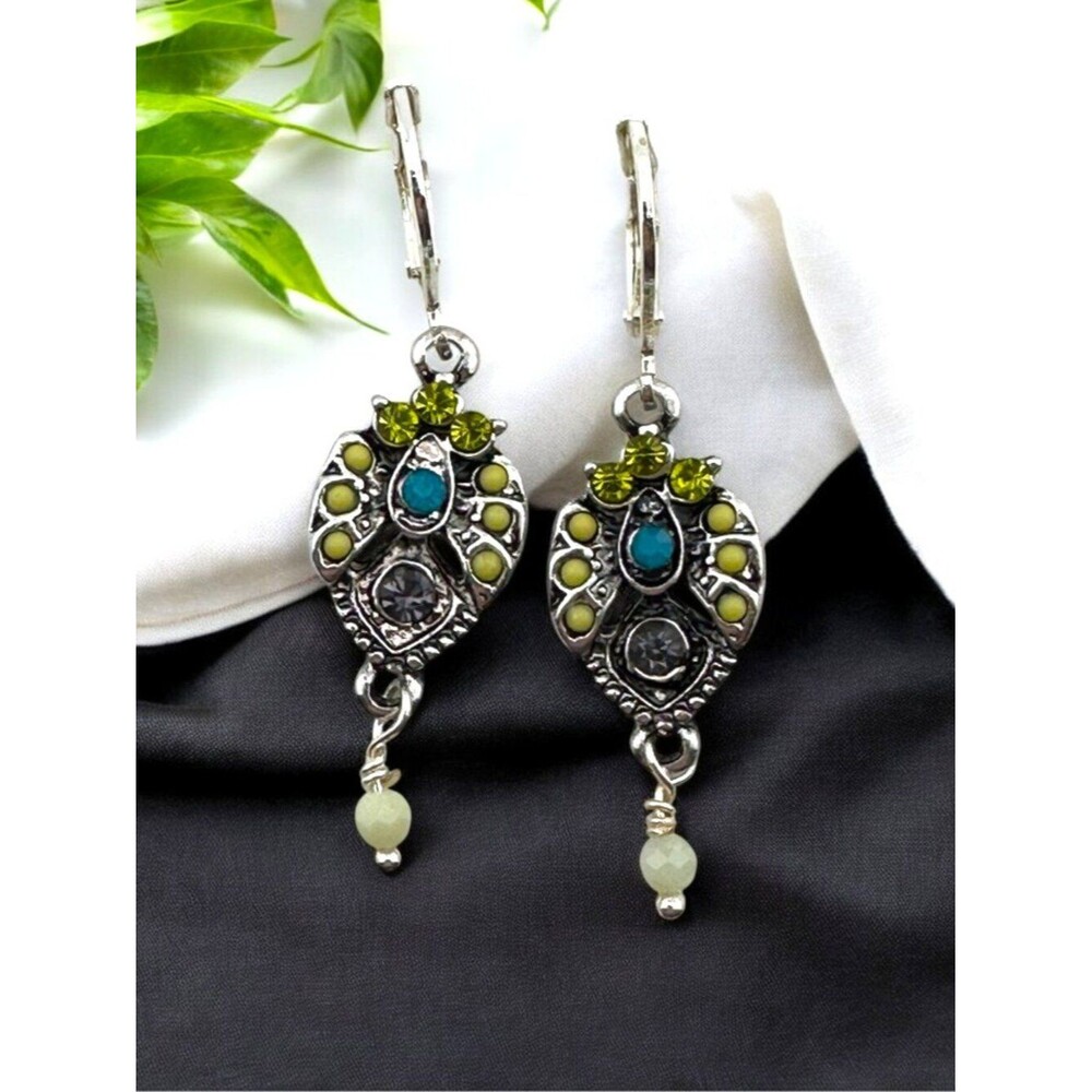 Boho Art Nouveau Earrings Silver Filled Leverbacks Green Chrysoprase